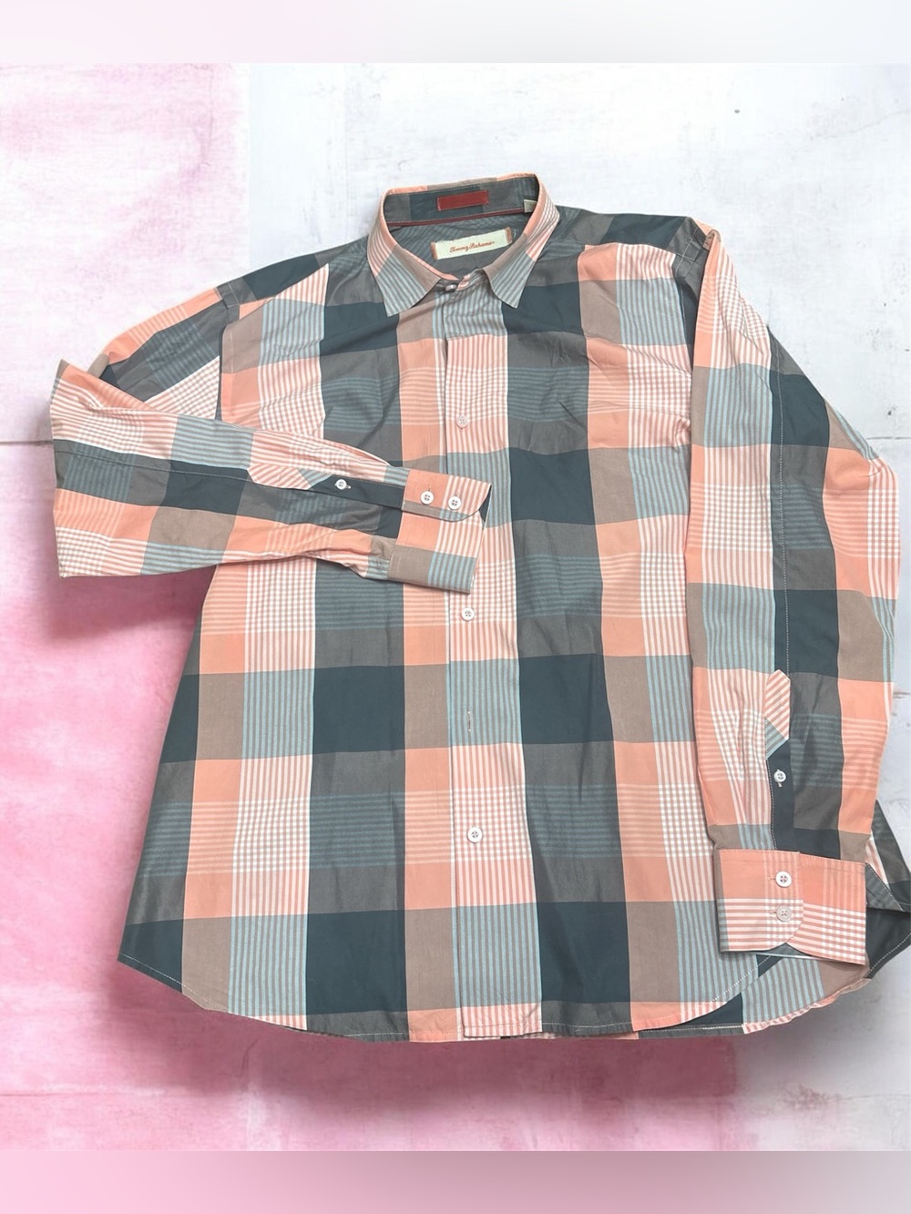 Tommy Bahama Men's Peach & Black Plaid Button-Up Shirt SZ L